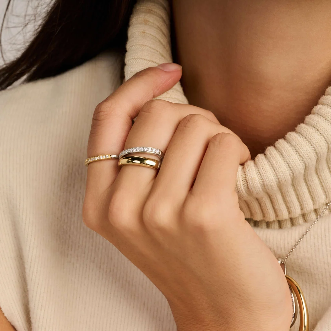 TI SENTO Asymmetric Open Sterling Silver & Gold Plated Two Tone Cubic Zirconia Set Ring