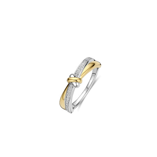 TI SENTO Contrast Knot Twisted Sterling Silver & Gold Plated Two Tone Cubic Zirconia Set Ring