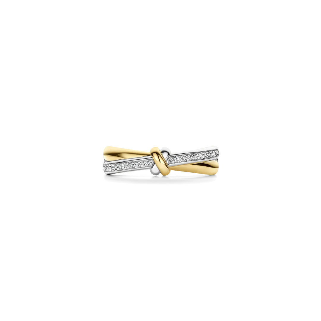 TI SENTO Contrast Knot Twisted Sterling Silver & Gold Plated Two Tone Cubic Zirconia Set Ring