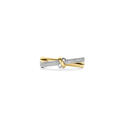 TI SENTO Contrast Knot Twisted Sterling Silver & Gold Plated Two Tone Cubic Zirconia Set Ring