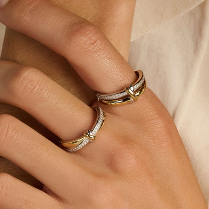 TI SENTO Contrast Knot Twisted Sterling Silver & Gold Plated Two Tone Cubic Zirconia Set Ring
