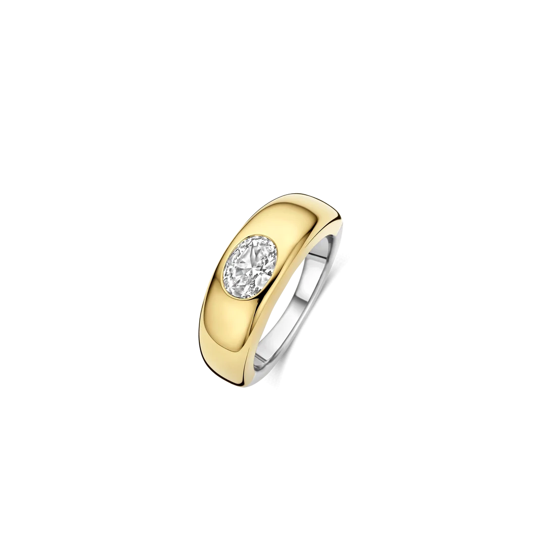 TI SENTO Bold Oval Sterling Silver & Gold Plated Two Tone Cubic Zirconia Set Ring