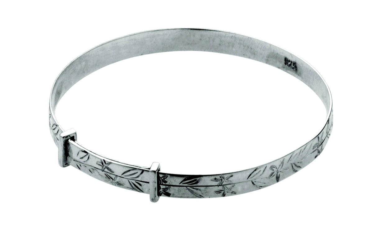 Carrs Sterling Silver Hand Engraved Floral Expanding Christening Bangle