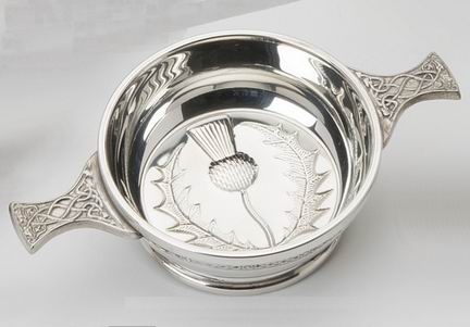 Traditional Pewter Celtic Design Quaich with Thistle (4" bowl)