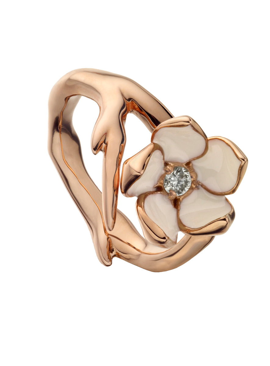 Shaun Leane Rose Gold Vermeil & Ivory Enamel Diamond Set Single Cherry Blossom Ring (size M) SLS208RG