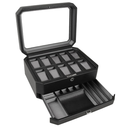 WOLF Windsor Black 10 Piece Watch Storage Box with Drawer 4586029