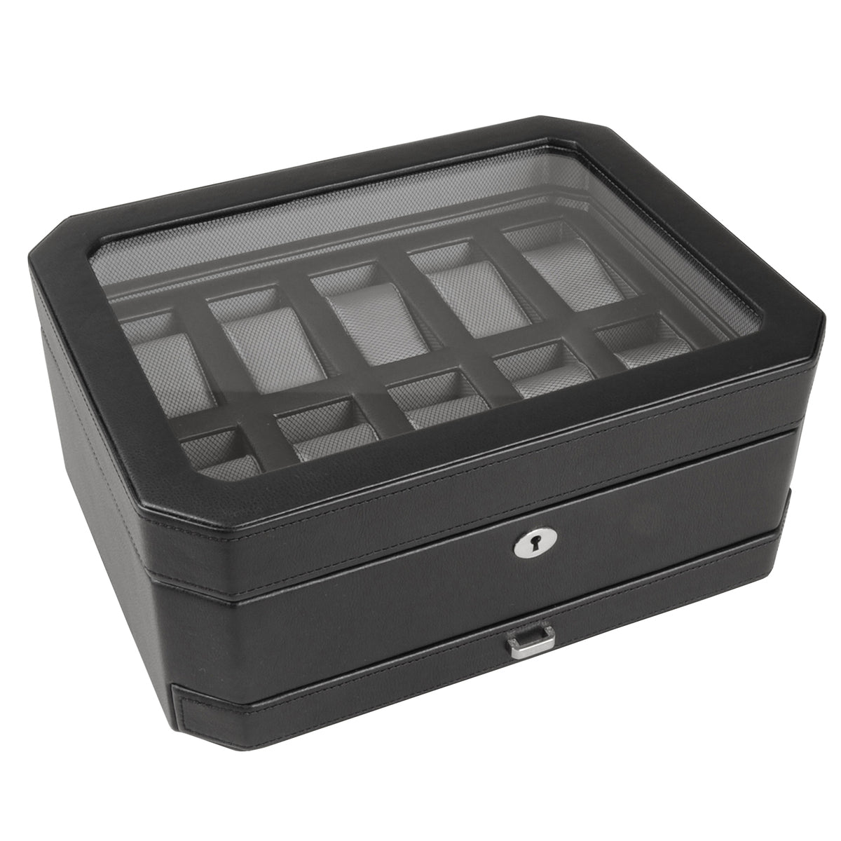 WOLF Windsor Black 10 Piece Watch Storage Box with Drawer 4586029