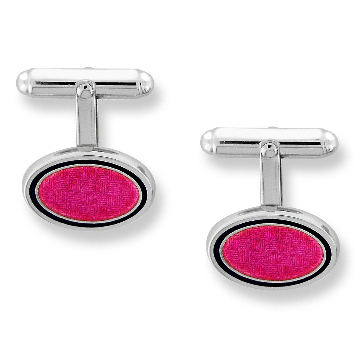 Nicole Barr Sterling Silver & Pink Enamel Hash Patterned Oval T-Bar Cufflinks NU0183B