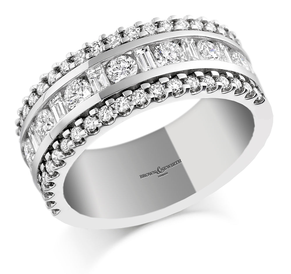 Brown & Newirth Platinum Three Row Baguette & Brilliant Cut Diamond Set Ring HET231