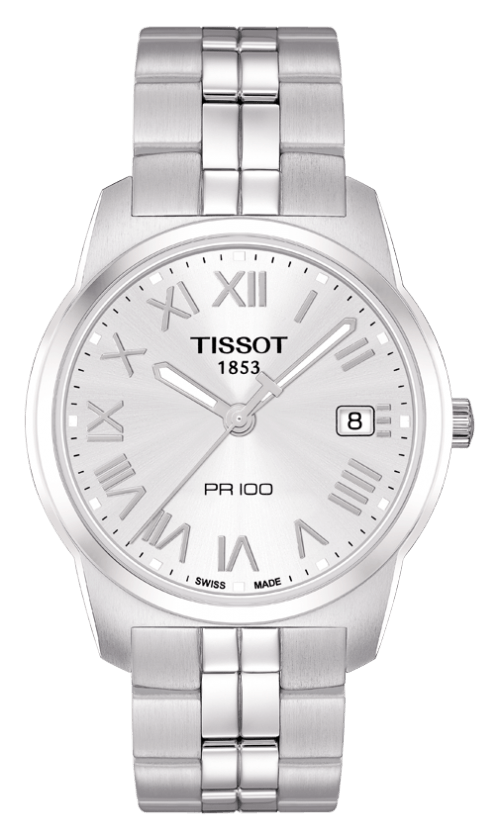 Tissot PR 100 Silver Roman Numeral Dial Stainless Steel Mens Quartz Watch T0494101103301