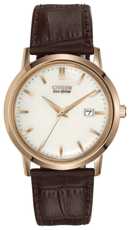 Citizen Eco-Drive Ivory Cream Dial Rose Gold Plated Mens Watch BM7193-07B