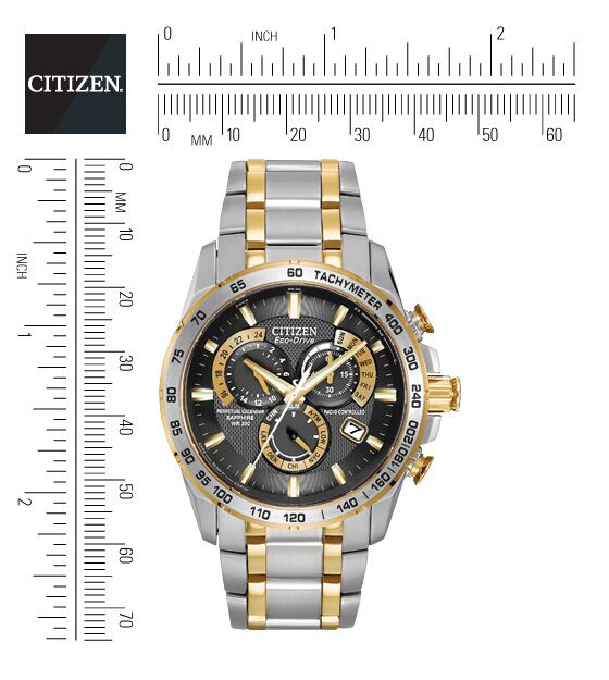 Citizen Eco-Drive Perpetual Chrono A-T Black Dial Two Tone Mens Radio Controlled Chronograph Watch AT4004-52E