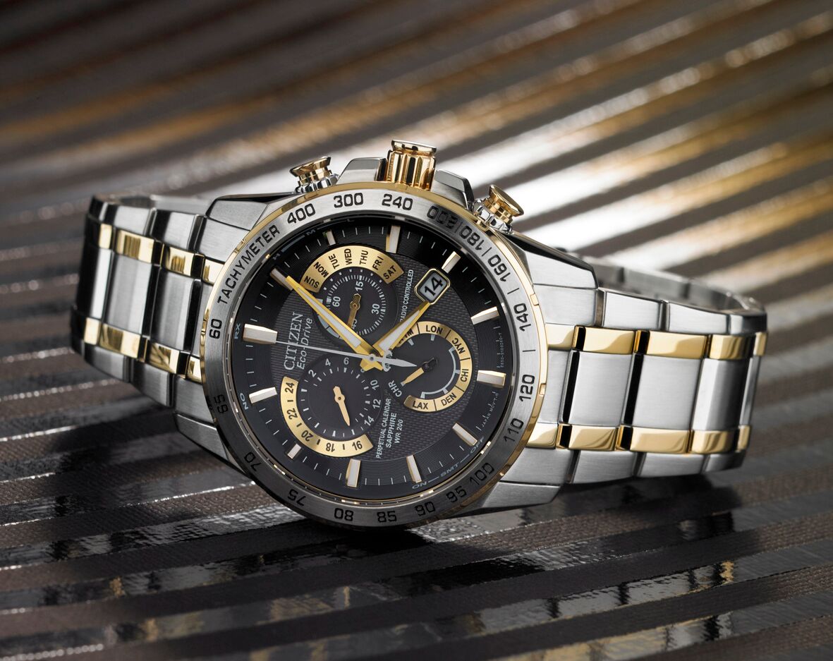 Citizen Eco-Drive Perpetual Chrono A-T Black Dial Two Tone Mens Radio Controlled Chronograph Watch AT4004-52E