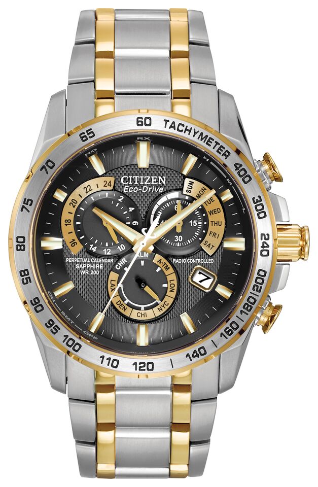 Citizen Eco-Drive Perpetual Chrono A-T Black Dial Two Tone Mens Radio Controlled Chronograph Watch AT4004-52E