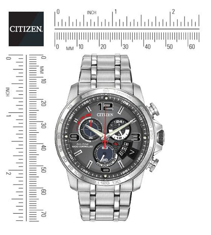 Citizen Eco-Drive Chrono Time A-T Grey Dial Stainless Steel Mens Radio Controlled Chronograph Watch BY0100-51H