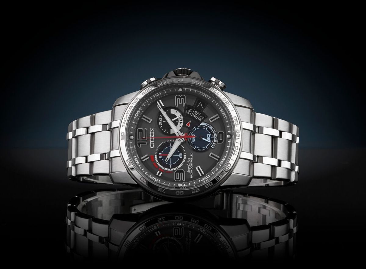 Citizen Eco-Drive Chrono Time A-T Grey Dial Stainless Steel Mens Radio Controlled Chronograph Watch BY0100-51H