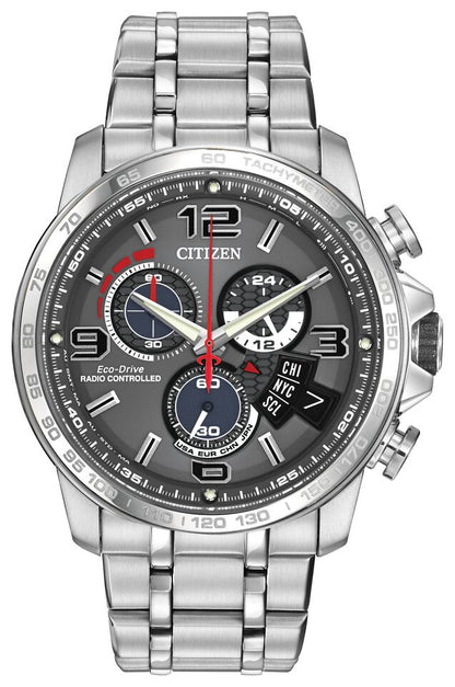 Citizen Eco-Drive Chrono Time A-T Grey Dial Stainless Steel Mens Radio Controlled Chronograph Watch BY0100-51H