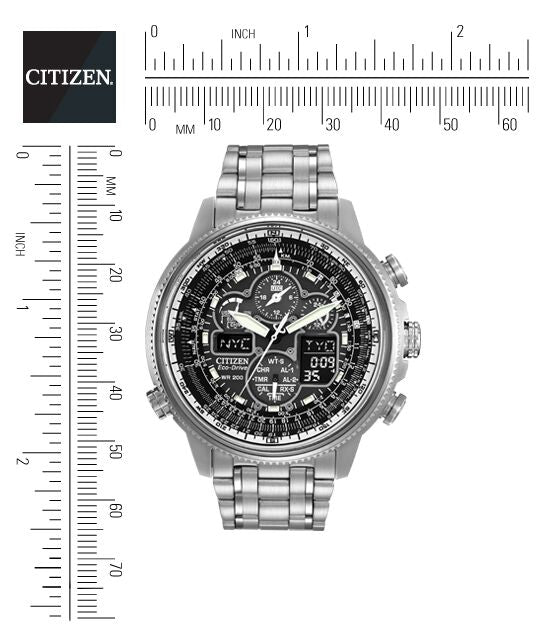 Citizen Eco-Drive Navihawk A-T Black Dial Stainless Steel Mens Radio Controlled Chronograph Watch JY8030-59E