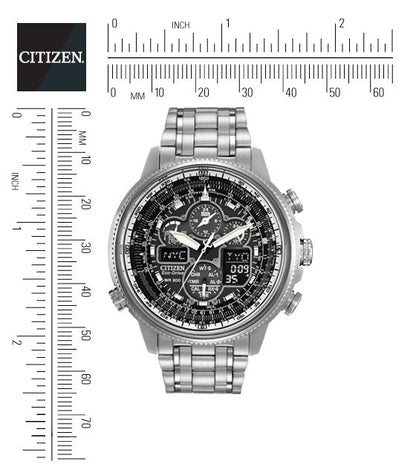 Citizen Eco-Drive Navihawk A-T Black Dial Stainless Steel Mens Radio Controlled Chronograph Watch JY8030-59E