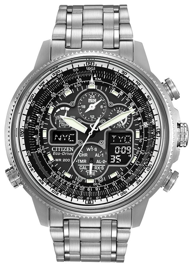 Citizen Eco-Drive Navihawk A-T Black Dial Stainless Steel Mens Radio Controlled Chronograph Watch JY8030-59E