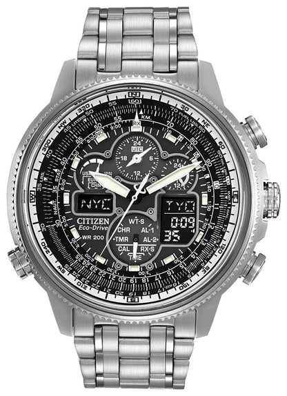 Citizen Eco-Drive Navihawk A-T Black Dial Stainless Steel Mens Radio Controlled Chronograph Watch JY8030-59E