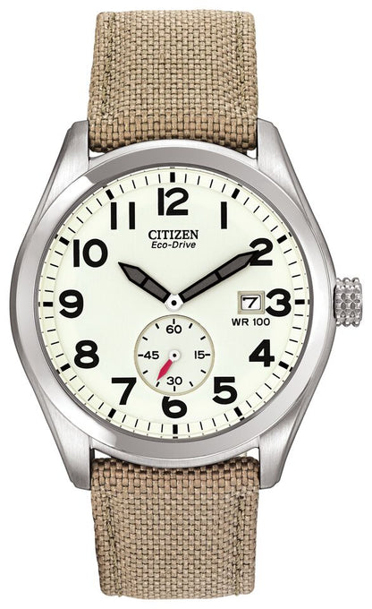 Citizen Eco-Drive Military Ivory Dial Stainless Steel Mens Watch BV1080-18A