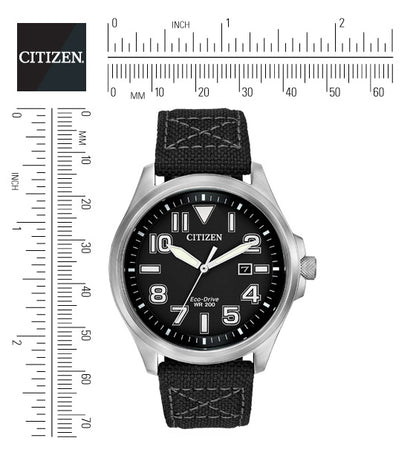 Citizen Eco-Drive Military Black Dial Stainless Steel Mens Watch AW1410-08E