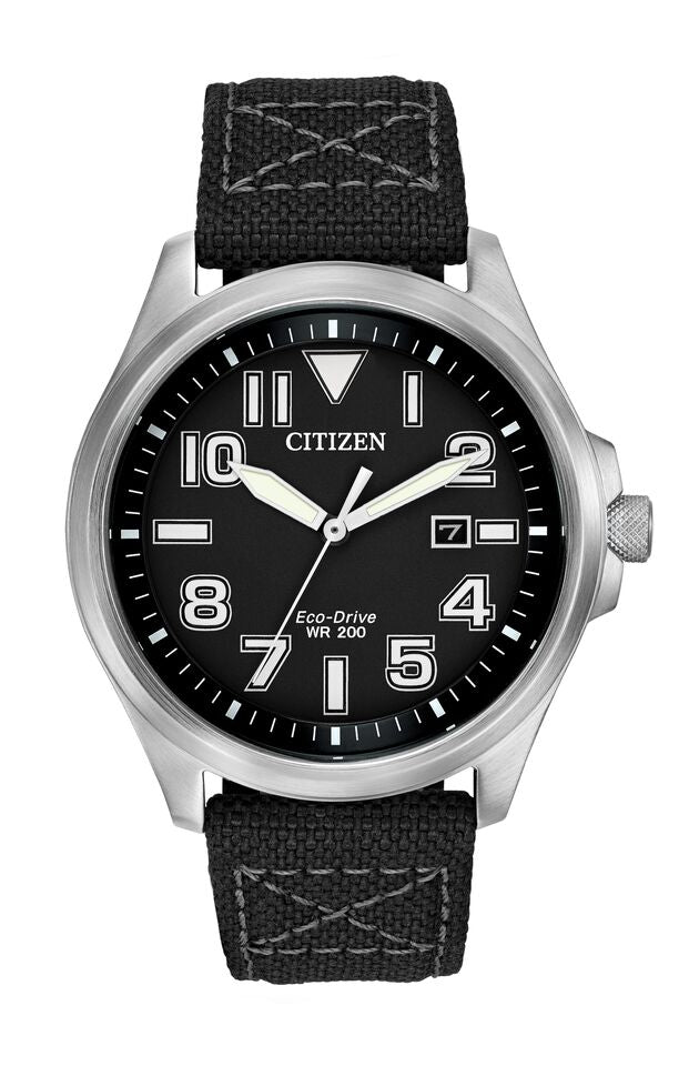 Citizen Eco-Drive Military Black Dial Stainless Steel Mens Watch AW1410-08E