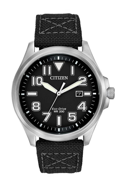 Citizen Eco-Drive Military Black Dial Stainless Steel Mens Watch AW1410-08E