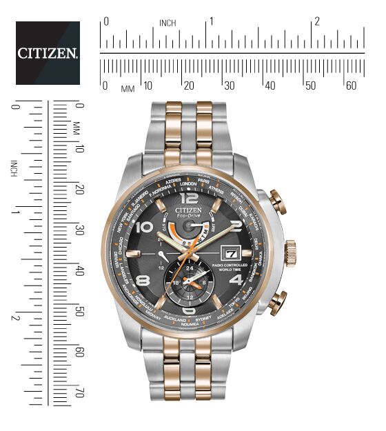 Citizen Eco-Drive World Time A-T Grey Dial Two Tone Mens Radio Controlled Watch AT9016-56H