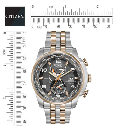 Citizen Eco-Drive World Time A-T Grey Dial Two Tone Mens Radio Controlled Watch AT9016-56H