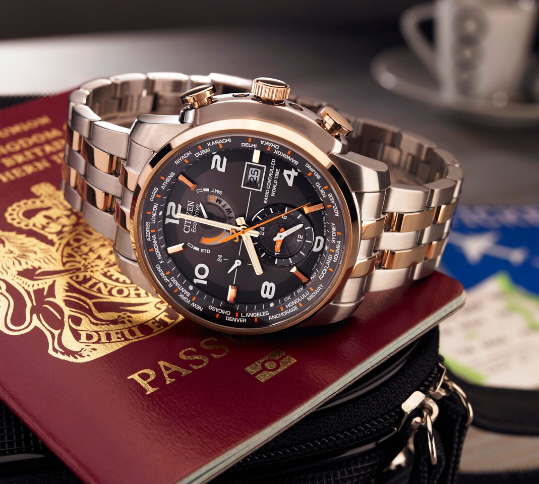 Citizen Eco-Drive World Time A-T Grey Dial Two Tone Mens Radio Controlled Watch AT9016-56H