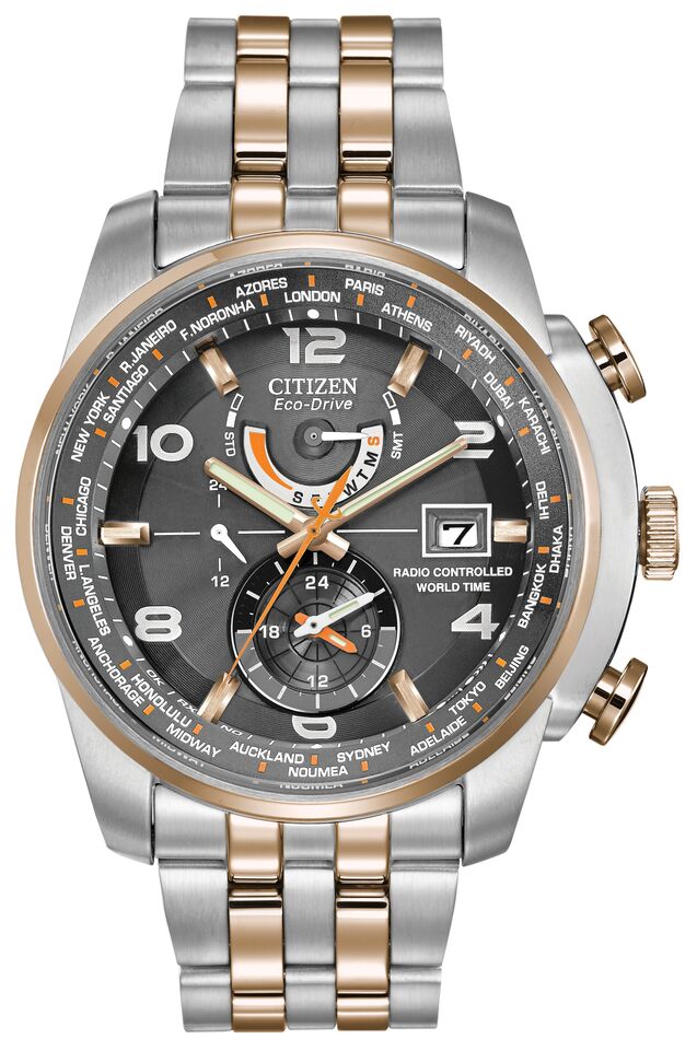 Citizen Eco-Drive World Time A-T Grey Dial Two Tone Mens Radio Controlled Watch AT9016-56H