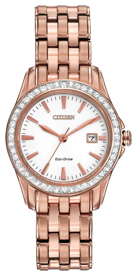 Citizen Eco-Drive Silhouette Crystal White Dial Rose Gold Plated Womens Watch EW1903-52A