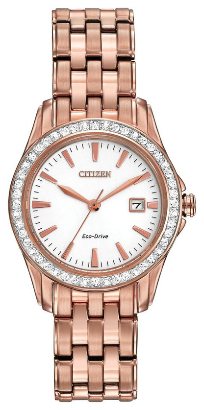 Citizen Eco-Drive Silhouette Crystal White Dial Rose Gold Plated Womens Watch EW1903-52A