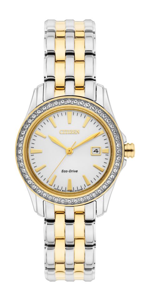 Citizen Eco-Drive Silhouette Crystal White Dial Two Tone Womens Watch EW1908-59A
