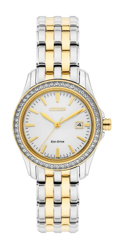 Citizen Eco-Drive Silhouette Crystal White Dial Two Tone Womens Watch EW1908-59A