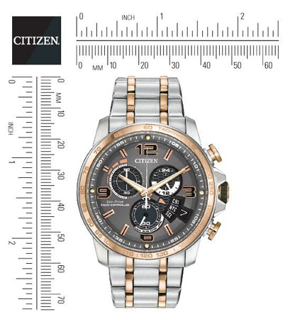Citizen Eco-Drive Chrono Time A-T Grey Dial Two Tone Mens Radio Controlled Chronograph Watch BY0106-55H