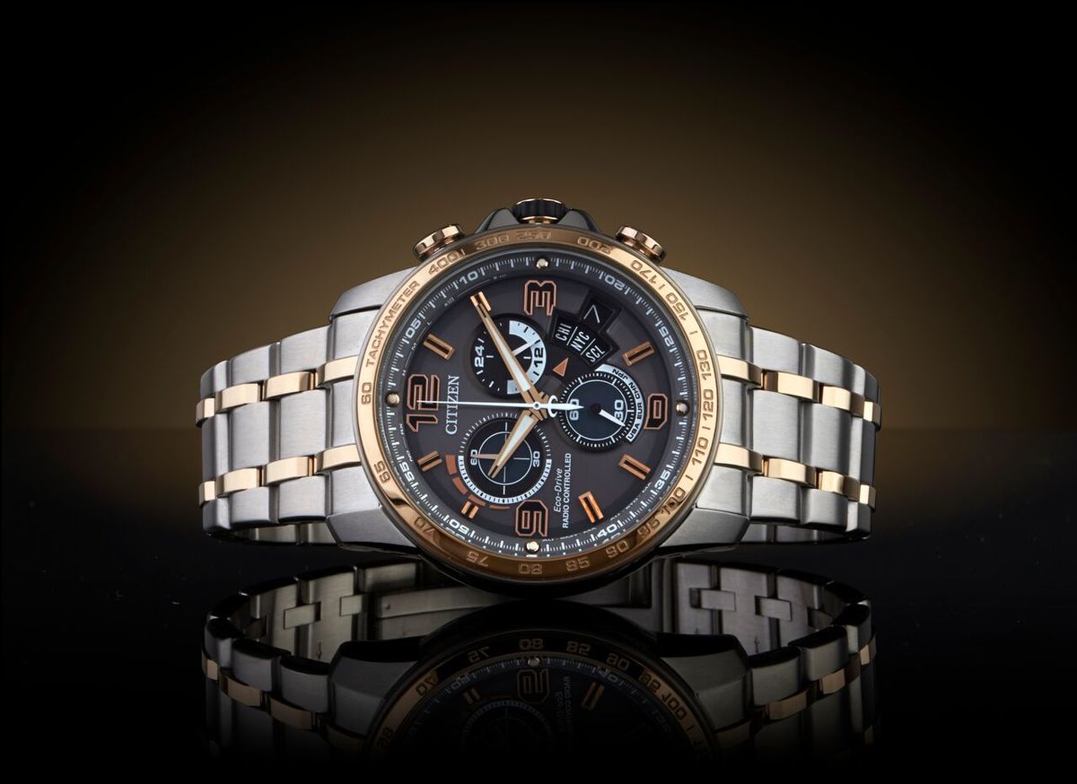 Citizen Eco-Drive Chrono Time A-T Grey Dial Two Tone Mens Radio Controlled Chronograph Watch BY0106-55H