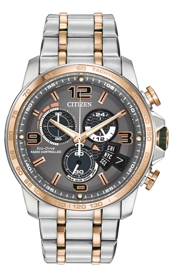 Citizen Eco-Drive Chrono Time A-T Grey Dial Two Tone Mens Radio Controlled Chronograph Watch BY0106-55H