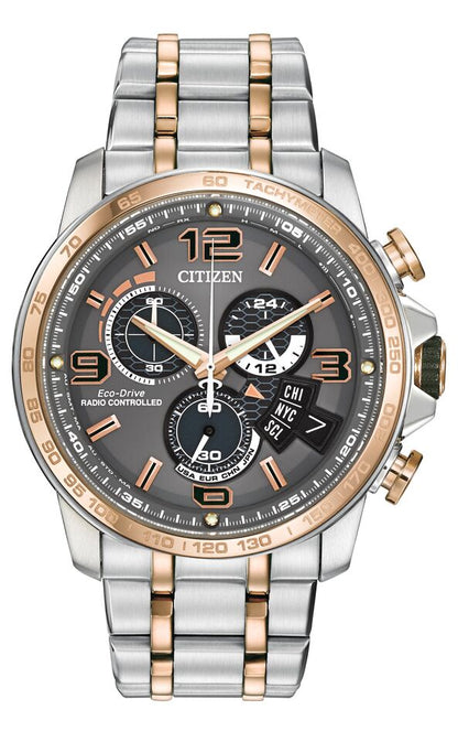 Citizen Eco-Drive Chrono Time A-T Grey Dial Two Tone Mens Radio Controlled Chronograph Watch BY0106-55H