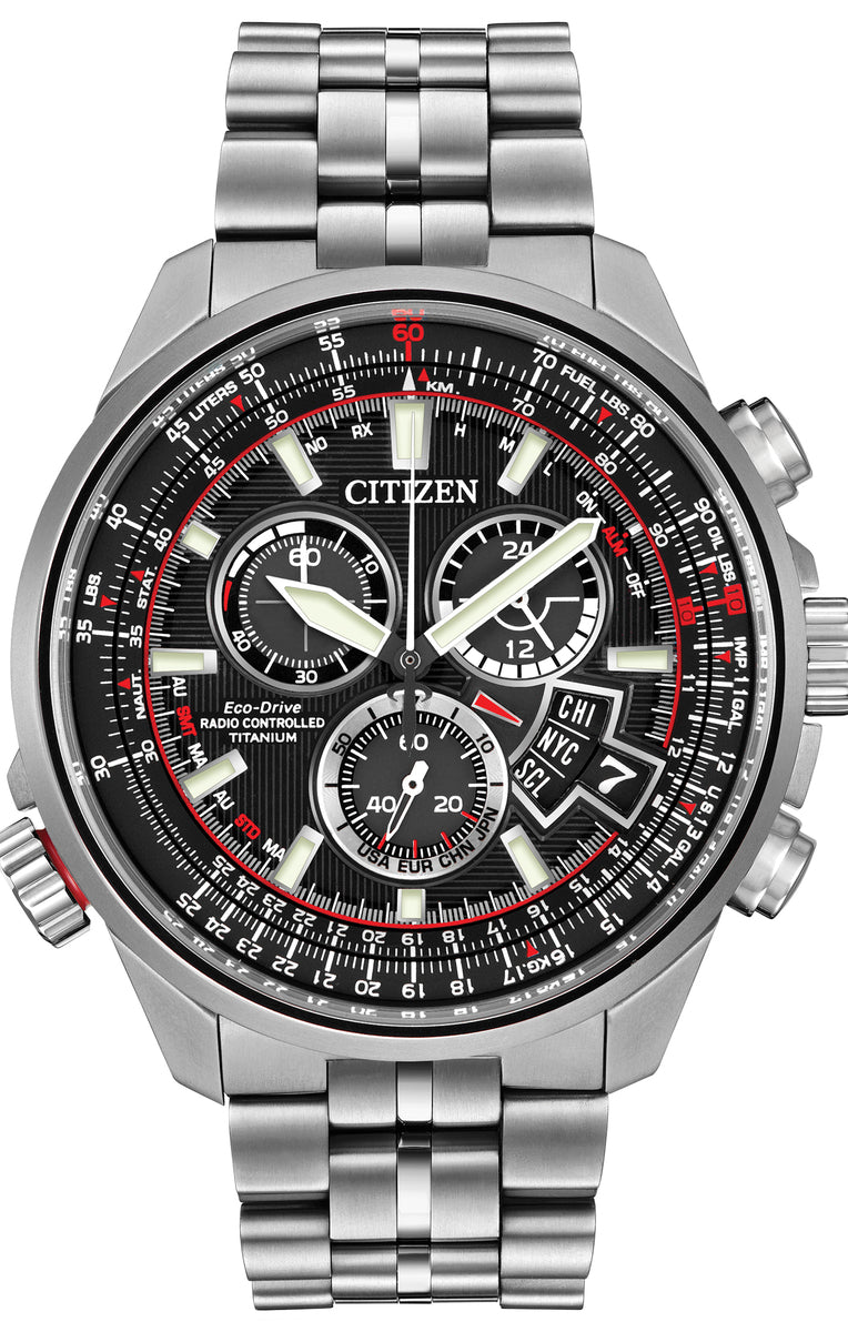 Citizen Eco-Drive Chrono Time A-T Black Dial Titanium Mens Radio Controlled Chronograph Watch BY0120-54E
