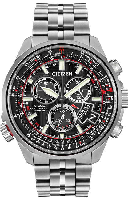 Citizen Eco-Drive Chrono Time A-T Black Dial Titanium Mens Radio Controlled Chronograph Watch BY0120-54E