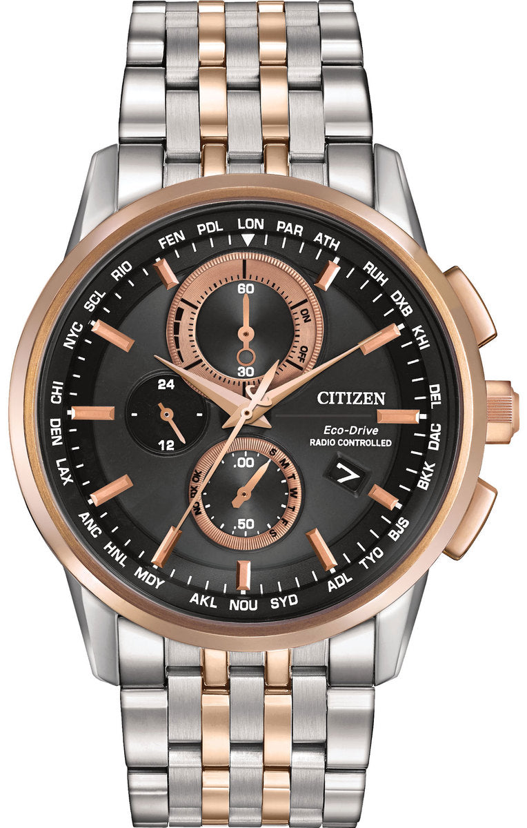 Citizen Eco-Drive World Chronograph A-T Black Dial Two Tone Mens Chronograph Watch AT8116-57E