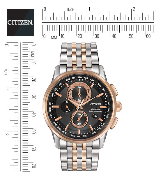 Citizen Eco-Drive World Chronograph A-T Black Dial Two Tone Mens Chronograph Watch AT8116-57E