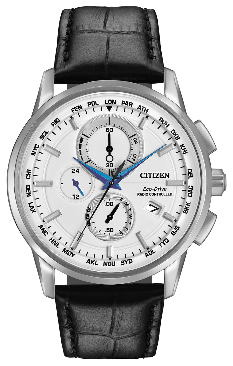 Citizen Eco-Drive World Time A-T White Dial Stainless Steel Mens Radio Controlled Chronograph Watch AT8110-02A