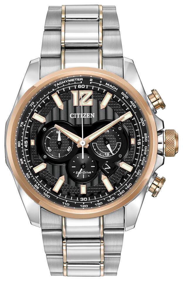 Citizen Eco-Drive Shadowhawk Black Dial Two Tone Mens Chronograph Watch CA4176-55E