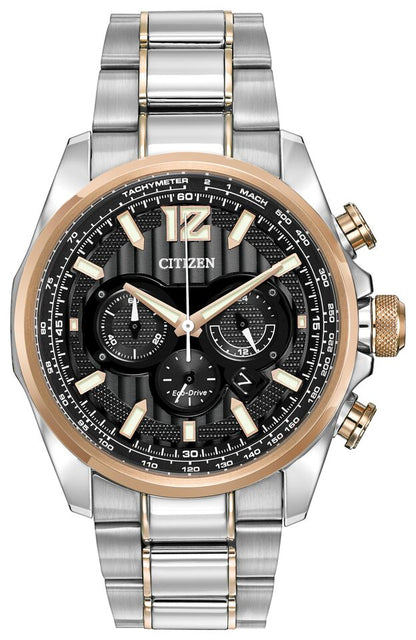 Citizen Eco-Drive Shadowhawk Black Dial Two Tone Mens Chronograph Watch CA4176-55E