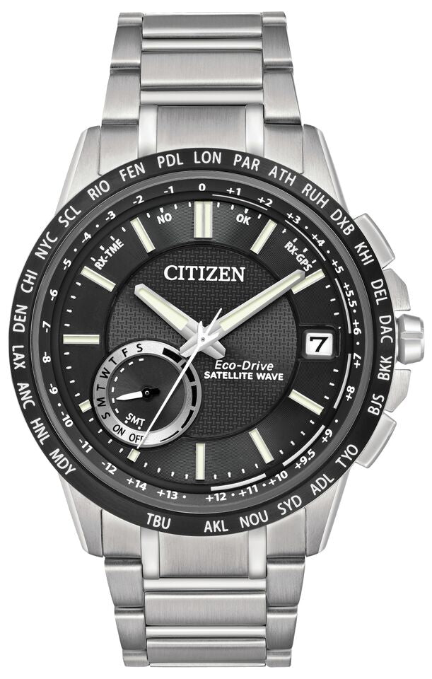 Citizen Eco-Drive Satellite Wave World Time GPS Black Dial Stainless Steel Mens Watch CC3005-85E