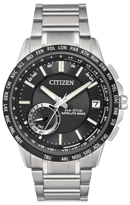 Citizen Eco-Drive Satellite Wave World Time GPS Black Dial Stainless Steel Mens Watch CC3005-85E